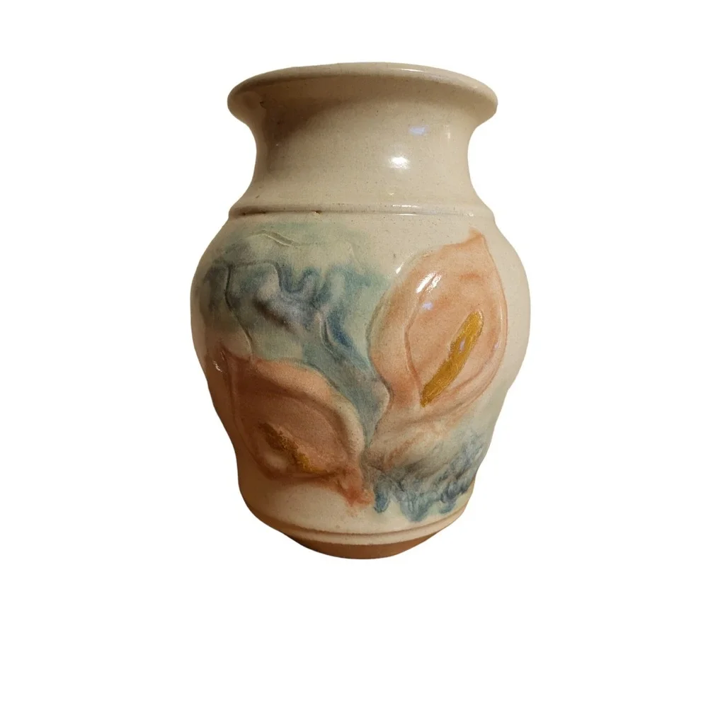 Vtg Signed Hand-Painted Pastels Vase Planter Pottery Raised Flowers C. Radke '93